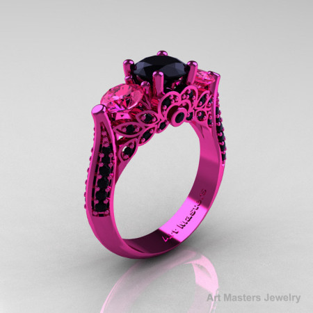 Classic 14K Pink Gold Three Stone Black Diamond Pink Sapphire Solitaire Engagement Ring Wedding Ring R200-14KPGPSBD-1