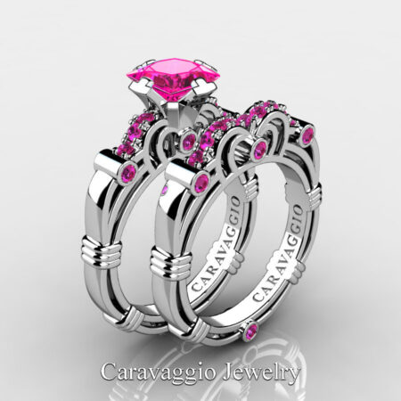 Caravagio-14K-White-Gold-1-25-Carat-Princess-Pink-Sapphire-Engagement-Ring-Wedding-Band-Set-R623PS-14KWGPS-P