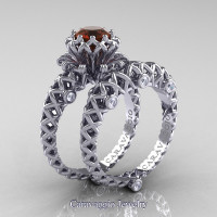 Caravaggio Lace 14K White Gold 1.0 Ct Brown and White Diamond Engagement Ring Wedding Band Set R634S-14KWGDBRD