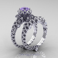 Caravaggio Lace 14K White Gold 1.0 Ct Tanzanite Diamond Engagement Ring Wedding Band Set R634S-14KWGDTA
