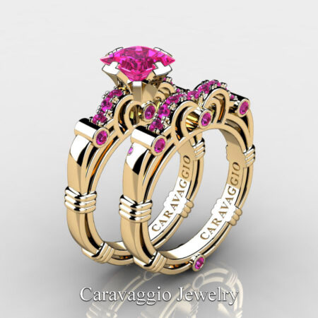 Art-Masters-Caravaggio-14K-Yellow-Gold-1-25-Carat-Princess-Pink-Sapphire-Engagement-Ring-Wedding-Band-Set-R623PS-14KYGPS-P