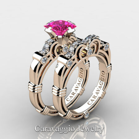 Caravaggio-14K-Rose-Gold-1-25-Carat-Princess-Pink-Sapphire-Diamond-Engagement-Ring-Wedding-Band-Set-R623PS-14KRGDPS-P