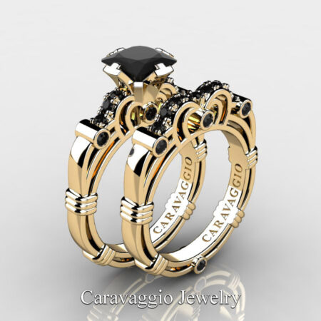 Caravaggio-Jewelry-14K-Yellow-Gold-1-25-Carat-Princess-Black-Sapphire-Engagement-Ring-Wedding-Band-Set-R623PS-14KYGBLS-P3