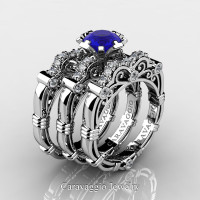 Art Masters Caravaggio Trio 950 Platinum 1.0 Ct Blue Sapphire White Diamond Engagement Ring Wedding Band Set R623S3-PLATDBS