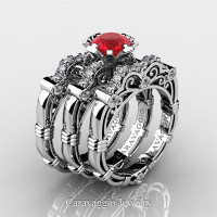 Art Masters Caravaggio Trio 950 Platinum 1.0 Ct Ruby Diamond Engagement Ring Wedding Band Set R623S3-PLATDR