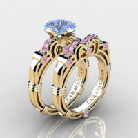 Art Masters Caravaggio 14K Yellow Gold 1.25 Ct Princess Light Blue and Pink Sapphire Engagement Ring Wedding Band Set R623PS-14KYGLPSLBS