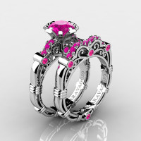 Art Masters Caravaggio 10K White Gold 1.0 Ct Pink Sapphire Engagement Ring Wedding Band Set R623S-10KWGPS