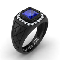 Mens Modern 14K Black Gold 1.25 Ct Princess Blue Sapphire Diamond Wedding Ring R1131-14KBGDBS
