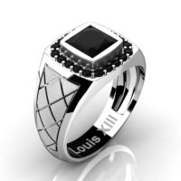 Mens Modern 14K White Gold 1.25 Ct Princess Black Diamond Wedding Ring R1131-14KSWGBD