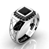 Mens Modern 14K White Gold 1.25 Ct Princess Black Diamond Wedding Ring R1131-14KWGBD