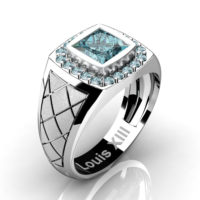 Mens Modern 14K White Gold 1.25 Ct Princess Blue Diamond Wedding Ring R1131-14KSWGBLD2
