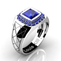 Mens Modern 14K White Gold 1.25 Ct Princess Blue Sapphire Wedding Ring R1131-14KWGBS