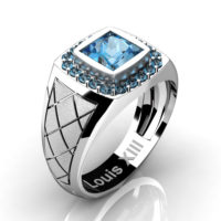 Mens Modern 14K White Gold 1.25 Ct Princess Blue Topaz Wedding Ring R1131-14KSWGBT