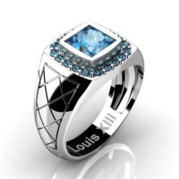 Mens Modern 14K White Gold 1.25 Ct Princess Blue Topaz Wedding Ring R1131-14KWGBT