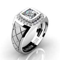 Mens Modern 14K White Gold 1.25 Ct Princess Certified Diamond Wedding Ring R1131-14KSWGCVSD