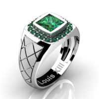 Mens Modern 14K White Gold 1.25 Ct Princess Emerald Wedding Ring R1131-14KSWGEM