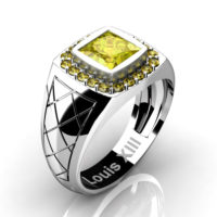 Mens Modern 14K White Gold 1.25 Ct Princess Yellow Sapphire Wedding Ring R1131-14KWGYS