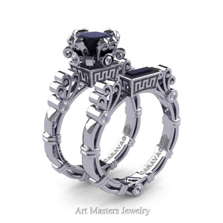 Art-Masters-Caravagio-14K-White-Gold-1-5-Ct-Princess-Black-and-White-Diamond-Engagement-Ring-Wedding-Band-Set-R627S-14KWGDBD-P