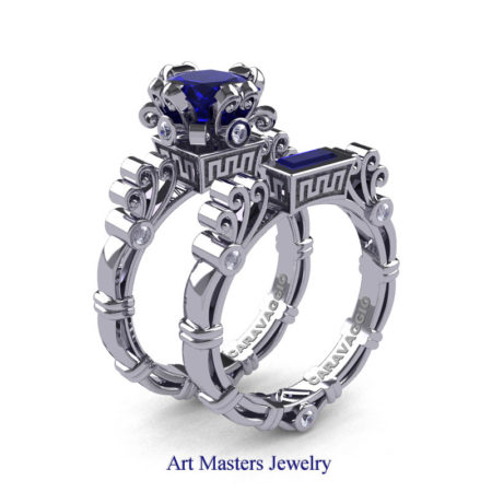 Art-Masters-Caravagio-14K-White-Gold-1-5-Ct-Princess-Blue-Sapphire-Diamond-Engagement-Ring-Wedding-Band-Set-R627S-14KWGDBS-P