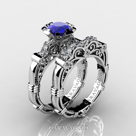 Art Masters Caravaggio 14K White Gold 1.0 Ct Blue Sapphire Diamond Engagement Ring Wedding Band Set R623S-14KWGDBS