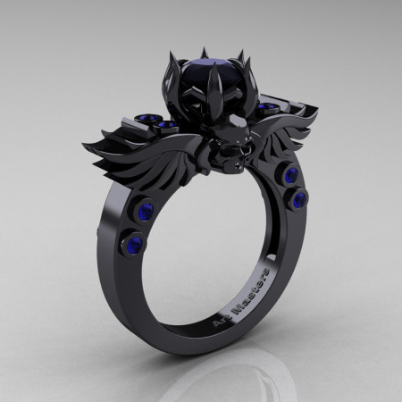 Art-Masters-Winged-Skull-14K-Black-Gold-1-Carat-Black-Diamond-Blue-Sapphire-Engagement-Ring-R613-14KBGBSBD-P