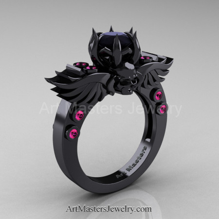 Art-Masters-Winged-Skull-14K-Black-Gold-1-Carat-Black-Diamond-Pink-Sapphire-Engagement-Ring-R613-14KBGPSBD-P