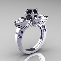 Art Masters Classic Winged Skull 14K White Gold 1.0 Ct Black Diamond Blue Sapphire Solitaire Engagement Ring R613-14KWGBSBD Perspective
