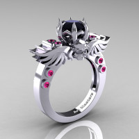Art Masters Classic Winged Skull 14K White Gold 1.0 Ct Black Diamond Pink Sapphire Solitaire Engagement Ring R613-14KWGPSBD Perspective