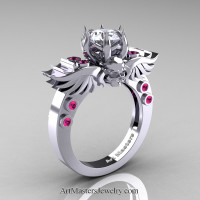 Art Masters Classic Winged Skull 14K White Gold 1.0 Ct White CZ Pink Sapphire Solitaire Engagement Ring R613-14KWGPSCZ Perspective
