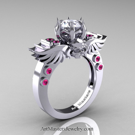 Art-Masters-Winged-Skull-14K-White-Gold-1-Carat-White-CZ-Pink-Sapphire-Engagement-Ring-R613-14KWGPSWCZ-P