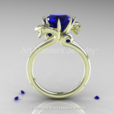 Art Masters 18K Green Gold 3.0 Ct Blue Sapphire Dragon Engagement Ring R601-18KGGBS Front