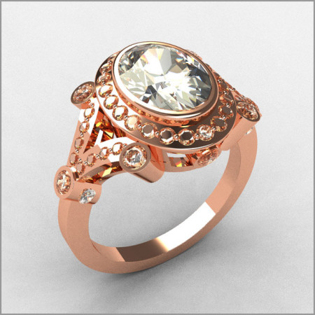Modern Victorian 18K Pink Gold .58 ctw Diamond 2.0CT Oval Zirconia Bridal Ring R58-18KPGDCZ-1