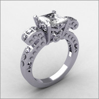 Retro-Modern 14K White Gold 0.47 ctw Diamond Square Princess Cut Zirconia Bridal Ring R65-14KWGDCZ-1