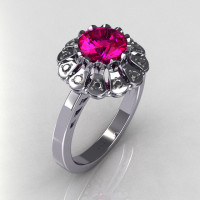 Modern Vintage 18K White Gold 1.0 CT Round Pink Sapphire 0.24 CTW Diamond Flower Ring JK17-18WGDPS-1