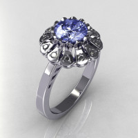 Modern Vintage 14K White Gold 1.0 CT Round Blue Topaz 0.24 CTW Diamond Flower Ring JK17-14WGDBT-1