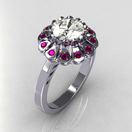 Modern Vintage 14K White Gold 1.0 carat Round and .24 carat Pink Sapphire Flower Ring JK17-14WGCZPS-1