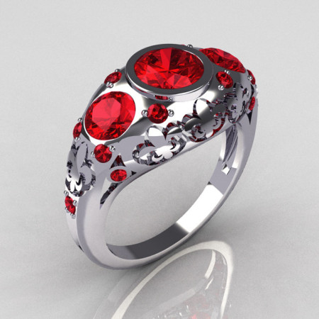 Modern French Vintage 10K White Gold Three Stone Red Rubies Designer Ring Y252-10WGRR-1