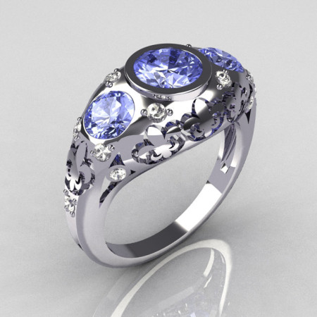 Modern French Vintage 950 Platinum Three Stone Blue Topaz Pave Diamond Bridal Ring Y252-PLATDBT-1