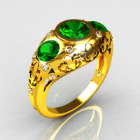Modern French Vintage 22K Yellow Gold Three Stone Emerald Pave Diamond Bridal Ring Y252-22KYGDE-1