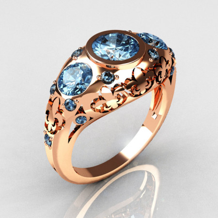 Modern Vintage 14K Rose Gold Three Stone Blue Topaz Designer Ring Y252-14RGBT-1