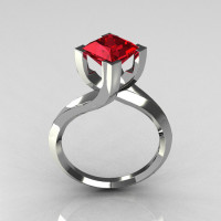 Modern 14K White Gold 1.25 Carat Princess Cut Red Ruby Designer Ring R74-14WGRR-1