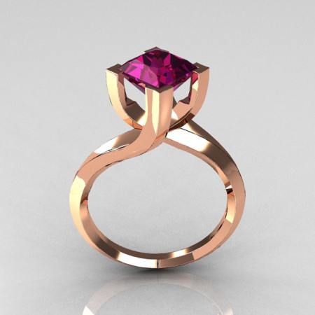 Modern 18K Rose Gold 1.25 Carat Princess Cut Amethyst Stone Designer Ring R74-18RGAM-1