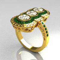 Modern Edwardian 22K Yellow Gold 1.5 CTW Round Three Stone Emerald CZ Engagement Ring R75-22YGCZEM-1