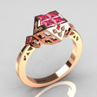 Classic Contemporary 14K Rose Gold .40 Princess Cut Invisible Rose Topaz Solitaire Azteca Ring R77-14RGCZRT-1