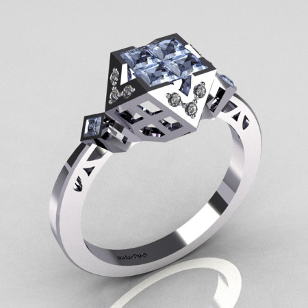 Classic Contemporary 950 Platinum .40 Princess Cut Invisible Topaz Pave Diamond Solitaire Azteca Ring R77-PLATDT-1