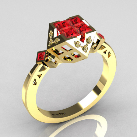 Classic Contemporary 18K Yellow Gold .40 Princess Cut Invisible Red Rubies Solitaire Azteca Ring R77-18YGCZRR-1