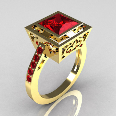 Modern French Vintage 18K Yellow Gold 1.65 Carat Princess Cut Red Garnet Bridal Ring R35-18YGRG-1