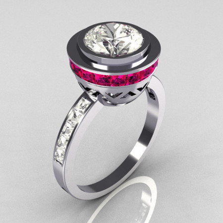 Modern Vintage 950 Platinum 1.50 CT Round CZ and .70 Ctw Invisible Square Pink Sapphire Bridal Ring R78-PLATCZPS-1
