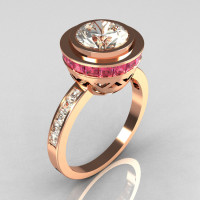 Modern Vintage 18K Rose Gold 1.50 CT Round CZ and .70 Ctw Invisible Square Rose Topaz Bridal Ring R78-18RGCZRT-1