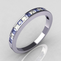 Contemporary 14k White Gold Princess Cut Diamond and Blue Topaz Stackable Cocktail Ring R79-14WDBT-1